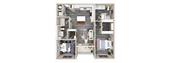 A top-down view of a small apartment with a kitchen, living room, and bathroom.