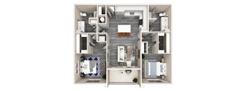 A 3D floor plan of a house with a kitchen, living room, and bathroom.