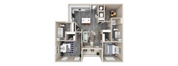 A 3D floor plan of a small apartment with a kitchen, living room, and bathroom.