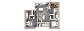 A top-down view of a modern, open-concept kitchen, living room, and dining area.