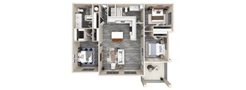 A 3D floor plan of a house showing a kitchen, living room, and bathroom.
