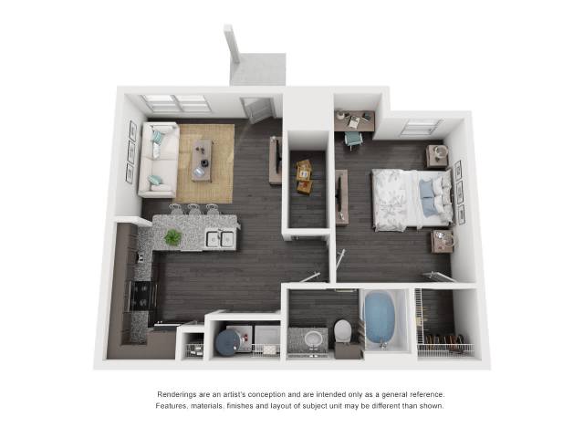 A floor plan of a small apartment with a kitchen, living room, and two bedrooms.
