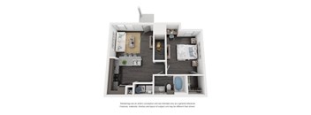 A floor plan of a small apartment with a kitchen, living room, and two bedrooms.