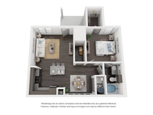 A rendering of a house layout with a kitchen, living room, and bedrooms.