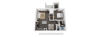 A rendering of a house layout with a kitchen, living room, and bedrooms.