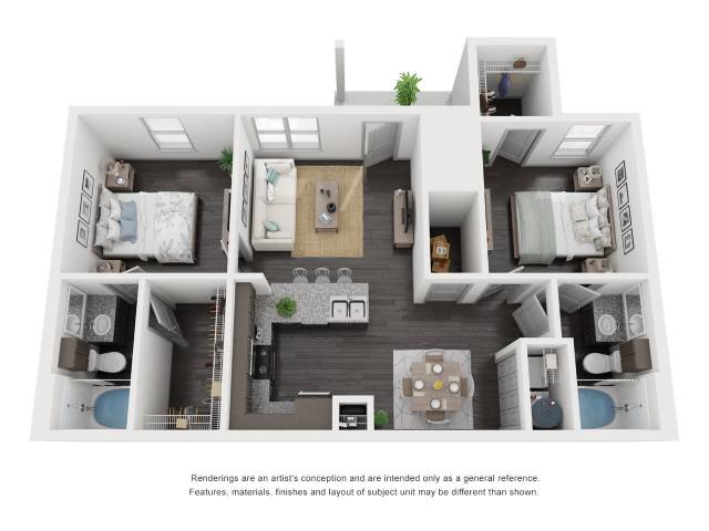 A 3D floor plan of a house with multiple bedrooms and a living area.