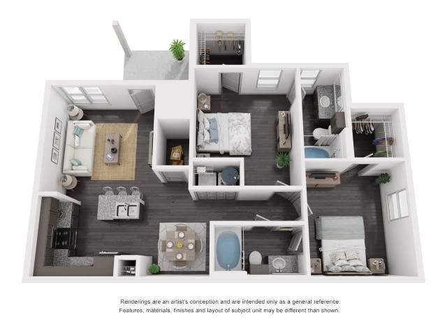 A 3D rendered image of a house layout.