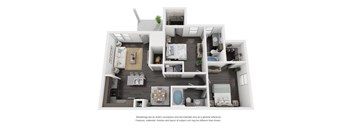 A 3D rendered image of a house layout.
