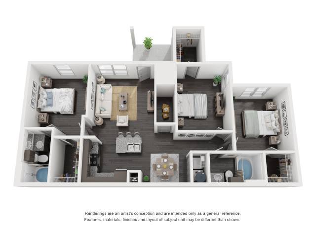 A 3D floor plan of a house with multiple rooms and furniture.