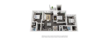 A 3D floor plan of a house with multiple rooms and furniture.