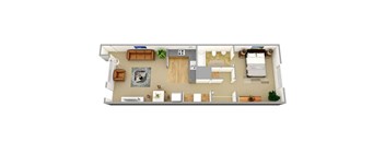 A top-down view of a house layout with a living room, kitchen, dining area, and bedrooms.