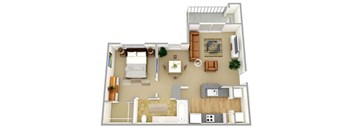 A top-down view of a modern apartment layout with a living room, kitchen, and bedroom.