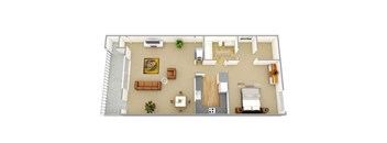 A top-down view of a living room with a couch, coffee table, and a painting on the wall.