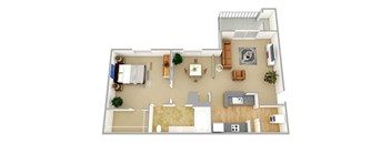 A top-down view of a house layout with a kitchen, living room, and bedrooms.
