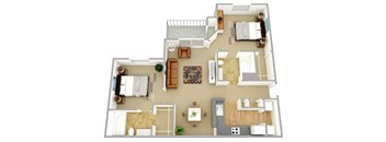 A top-down view of a house layout with a living room, kitchen, and two bedrooms.