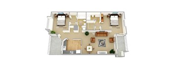 A top-down view of a house interior with a living room, dining area, kitchen, and two bedrooms.