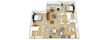 A top-down view of a house layout with a living room, kitchen, dining area, and bedrooms.