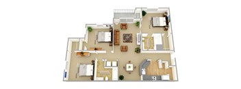 A floor plan of a house with a living room, dining room, kitchen, and two bedrooms.
