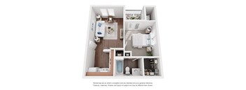 A 3D rendered image of a small apartment layout.