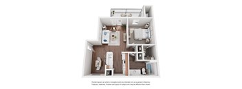 A 3D rendered image of a modern apartment layout.