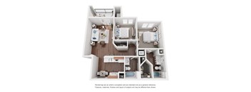 A floor plan of a small apartment with a kitchen, living room, and two bedrooms.