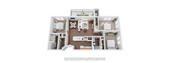 A white floor plan of a house with a kitchen, living room, and bedrooms.