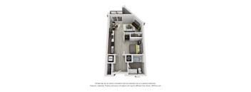 A 3D floor plan of a small apartment with a kitchen, living room, and bathroom.
