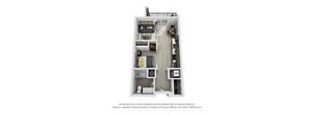 A 3D rendered image of a small apartment.