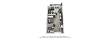 A 3D floor plan of a small apartment with a kitchen, living room, and bathroom.