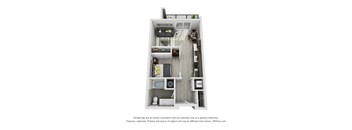 A 3D rendered image of a small apartment with a kitchen, living room, and bathroom.