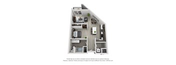 A 3D floor plan of a small apartment with a kitchen, living room, and bathroom.