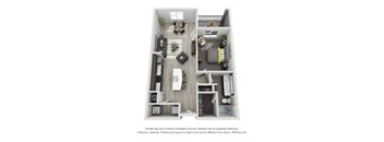 A 3D floor plan of a small apartment with a kitchen, living room, and bedroom.
