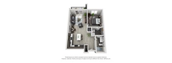 A 3D floor plan of a small apartment with a kitchen, living room, and bedroom.