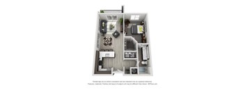 A 3D floor plan of a small apartment with a kitchen, living room, and bedroom.