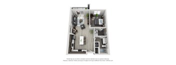 A 3D floor plan of a small apartment with a kitchen, living room, and bedroom.