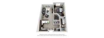 A 3D floor plan of a small apartment with a kitchen, living room, and bedroom.
