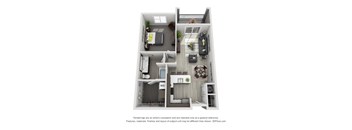 A 3D floor plan of a small apartment with a kitchen, living room, and bathroom.