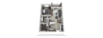 A 3D floor plan of a small apartment with a kitchen, living room, and bedroom.