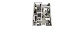 A 3D floor plan of a small apartment with a kitchen, living room, and bathroom.