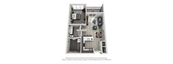 A 3D floor plan of a small apartment with a kitchen, living room, and bathroom.