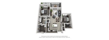 A 3D floor plan of a house with a living room, kitchen, dining room, and bedrooms.