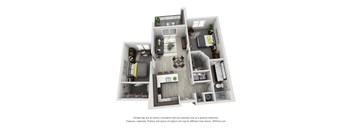A 3D floor plan of a house with a kitchen, living room, and two bedrooms.
