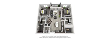 A 3D floor plan of a house with a kitchen, living room, and two bedrooms.