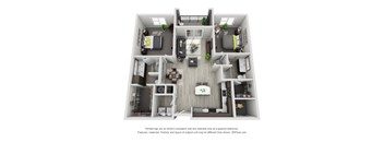 A 3D floor plan of a house with a kitchen, living room, and two bedrooms.