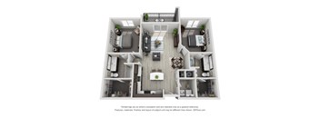 A 3D floor plan of a house with a kitchen, living room, and two bedrooms.