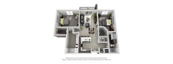 A 3D floor plan of a house with a kitchen, living room, dining room, and bathroom.