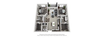 A 3D floor plan of a house with a kitchen, living room, and two bedrooms.