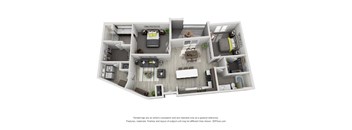 A 3D floor plan of a house with a kitchen, living room, and two bedrooms.
