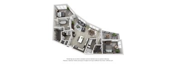 A 3D floor plan of a house with a kitchen, living room, and bedrooms.