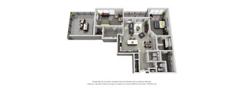 A 3D floor plan of a house with a kitchen, living room, and bedrooms.